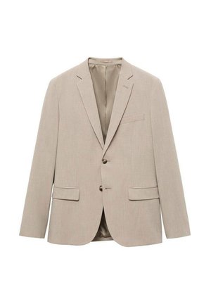 Beige suit jacket with a smooth texture, two front pockets, and two buttons. The interior is a contrasting color and has a simple lining.