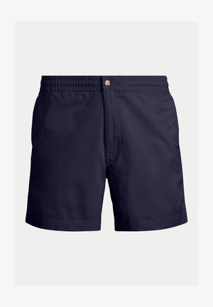 Temno modre kopalne hlače z elastičnim pasom, sprednjo zapenjanjem na gumb in gladko tkanino brez vidnih vzorcev.