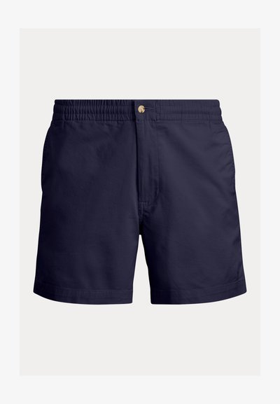 Tmavomodré plavkové šortky s elastickým pásom, predným zapínaním na gombík a hladkou textúrou látky bez viditeľných vzorov.