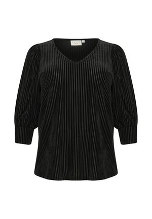 Black velvet blouse with a V-neck, pleated texture, and three-quarter puff sleeves. Simple design with no additional patterns or accents.