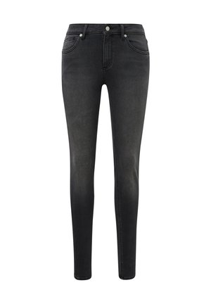 Zwarte slim-fit jeans met vijf zakken, knoop- en ritsluiting, getoond tegen een witte achtergrond.