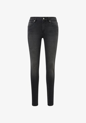 Zwarte slim-fit jeans met vijf zakken, knoop- en ritsluiting, getoond tegen een witte achtergrond.