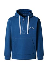 Blauer Pepe Jeans Hoodie mit weißen Kordeln, Kängurutasche vorne, gerippten Bündchen und Logo auf der Brust und vorne in der Mitte.