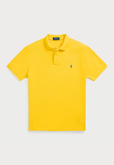 Yellow polo shirt in cotton fabric with a three-button placket, short sleeves, and an embroidered blue logo on the chest.