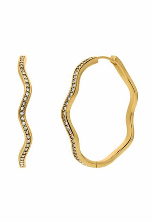 Gold wavy hoop earrings with a row of small white gemstones along the outer edge on a white background.