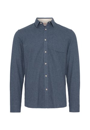 Mørkeblå, langermet skjorte med knapper laget av teksturert stoff, med en brystlomme og lyse knapper.