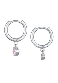 Zilveren oorbellen met een hangende roze edelsteen. Gladde metallic afwerking met een cirkelvorm en minimalistisch ontwerp.