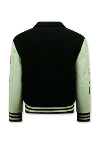Zwarte en lichtgroene varsityjack met ribgebreide kraag, gestreepte manchetten en kleurvolle borduursels op de mouwen.
