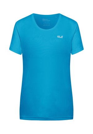 Blaues T-Shirt mit kurzen Ärmeln aus glattem, leichtem Stoff. Verfügt über einen runden Ausschnitt und ein kleines Logo auf der Brust.