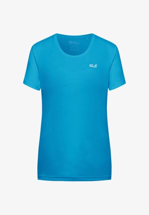 Blaues T-Shirt mit kurzen Ärmeln aus glattem, leichtem Stoff. Verfügt über einen runden Ausschnitt und ein kleines Logo auf der Brust.