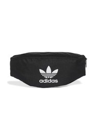Sac banane en tissu noir avec fermeture éclair. Présente le logo trèfle Adidas blanc à l'avant. Forme compacte, matériau robuste, design simple.