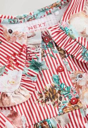 Šaty s červenobílými pruhy, zdobené květinovými vzory, nahoře s volánkovým límcem a červenými knoflíky. Vyrobeny z měkkého materiálu s texturovaným vzhledem.