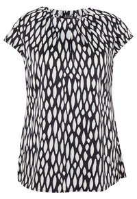 Svart och vitmönstrad topp med plisserad halsringning och korta ärmar, med en förlängd bladdesign på lättviktig tyg.