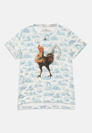 Short-sleeve t-shirt featuring a large brown rooster graphic centered on a light blue, decorative landscape pattern background.