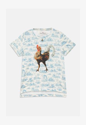 Short-sleeve t-shirt featuring a large brown rooster graphic centered on a light blue, decorative landscape pattern background.