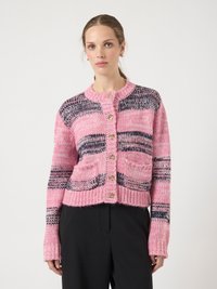 Pink and navy striped knit cardigan with a round neckline, ribbed cuffs, two front pockets, and gold-tone buttons. Cropped design.