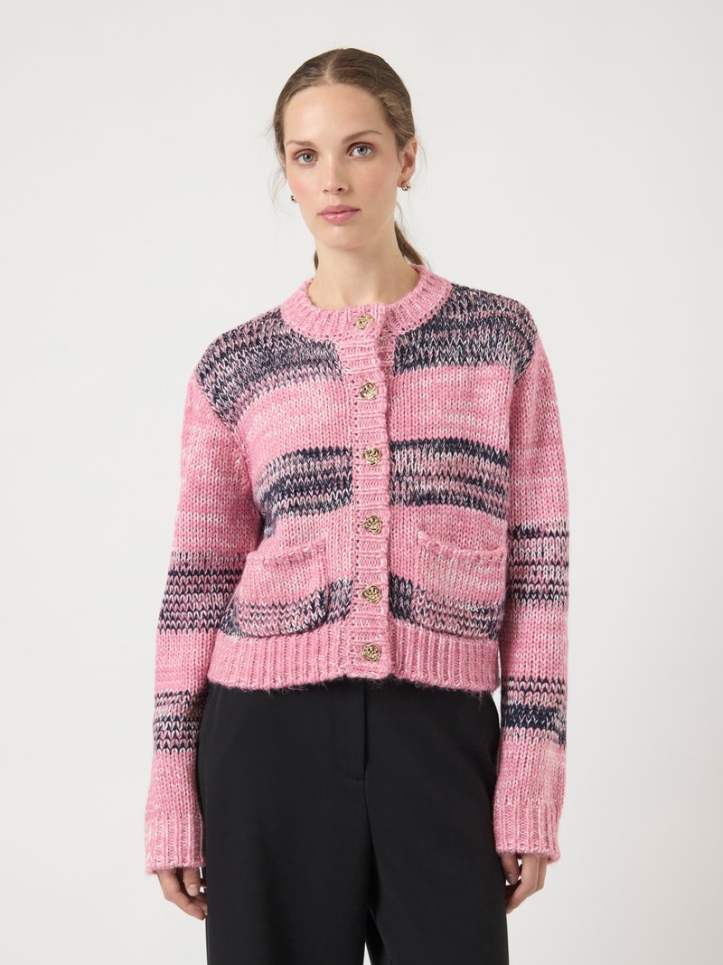 Pink and navy striped knit cardigan with a round neckline, ribbed cuffs, two front pockets, and gold-tone buttons. Cropped design.