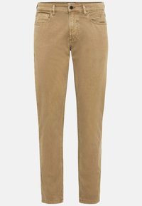 Lichtbruine katoenen broek met vijf zakken, een knoopsluiting en zichtbare stikseldetails. Rechtestrikontwerp met een zachte textuur.
