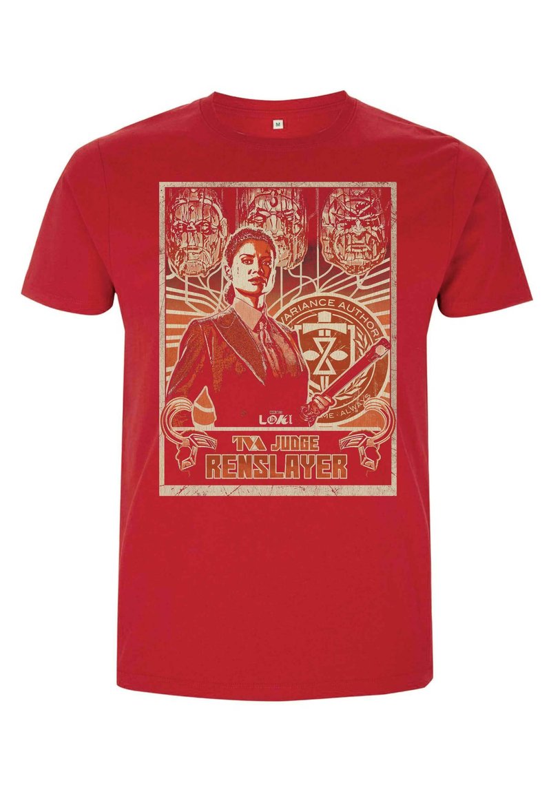 Red cotton t-shirt featuring a graphic print of a character in a suit, surrounded by stylized designs and the text "TVA JUDGE RENSLAYER."