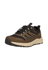 Vandafvisende vandresko i mørkebrune nuancer med mesh og gummi, struktureret ydersål, sorte snørebånd og forstærket tåhætte. Accentfarver i beige.
