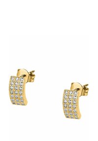 Goldene Steckerohrringe in gebogener rechteckiger Form, jeder verziert mit drei Reihen kleiner, klarer runder Edelsteine.