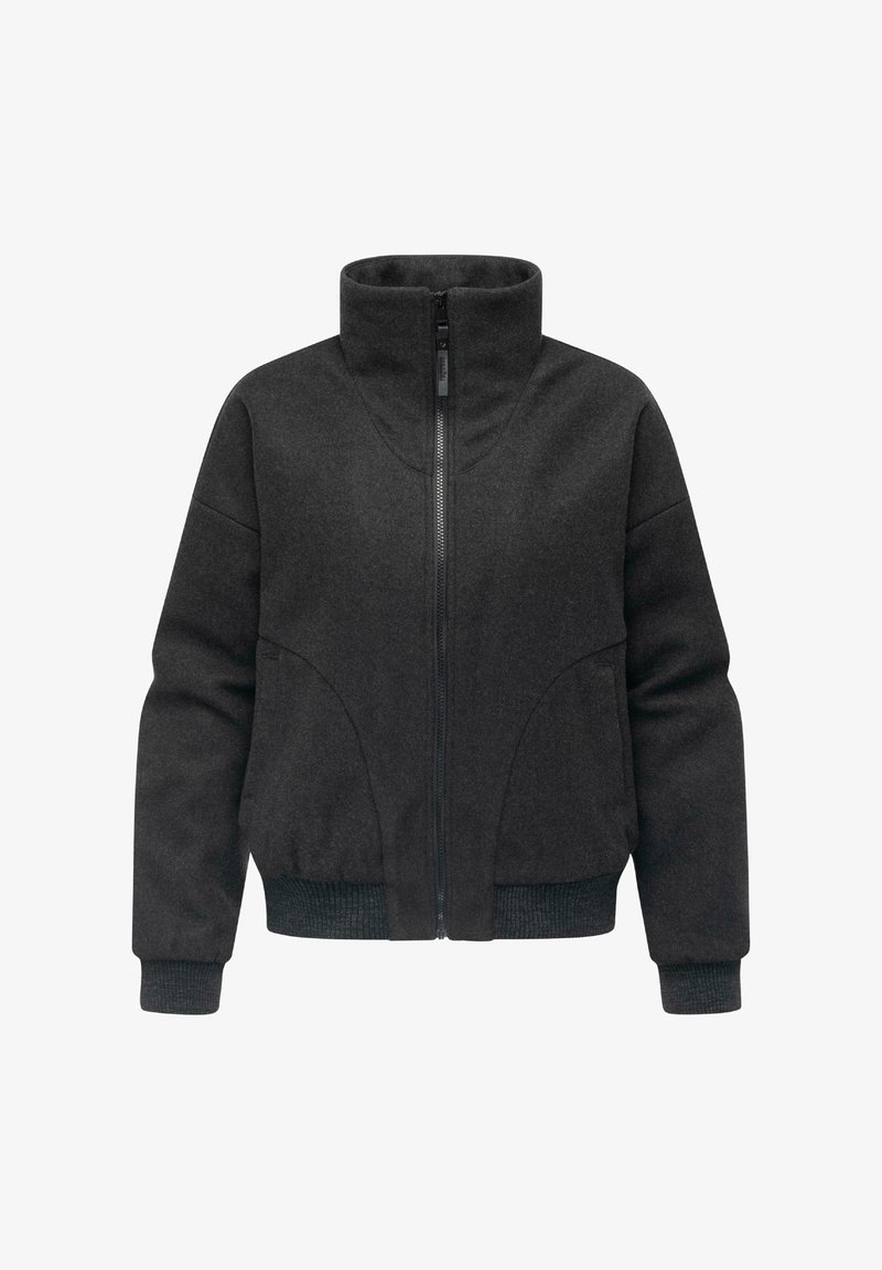Dark grey, zip-up bomber jacket with a high collar, textured fabric, ribbed cuffs and hem, featuring curved seam detailing and side pockets.