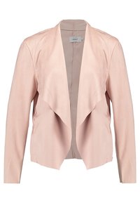 Rosa, lätt jacka med draperad framtill, långa ärmar och inga knäppningar. Slät textur, oorganiserad design och mjuk yta.