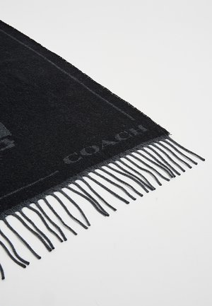 Sciarpa nera intrecciata con bordi sfrangiati, caratterizzata da una texture sottile e un dettaglio di marchio su un lato. Materiale morbido dall'aspetto accogliente.