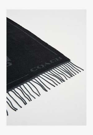 Sciarpa nera intrecciata con bordi sfrangiati, caratterizzata da una texture sottile e un dettaglio di marchio su un lato. Materiale morbido dall'aspetto accogliente.