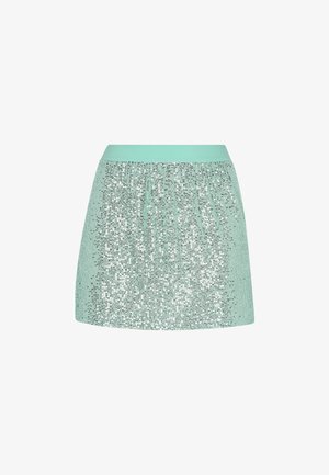 Mündroheline mini seelik, millel on sädelevatest sequinidest ülemine kiht, featuring elastne vöökoht ja kokku kuhjatud disain, mis loob tekstureeritud viimistluse.