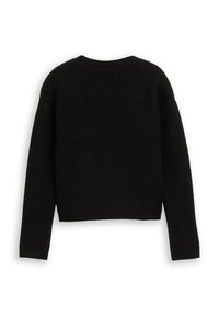 Schwarzer Strickpullover mit langen Ärmeln, gerippter Textur und rundem Ausschnitt. Kürzere Länge, keine sichtbaren Beschläge oder Verzierungen.
