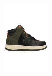 Hoge sneakers in zwart en olijfgroen leer. Kenmerken oranje accenten, gestructureerd oppervlak en "REPLAY" branding in reliëfdetail.
