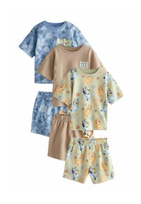 Three pairs of kids' short sets: blue and beige tones with cartoon animal prints, short sleeves, and elastic waistbands. Soft cotton material.
