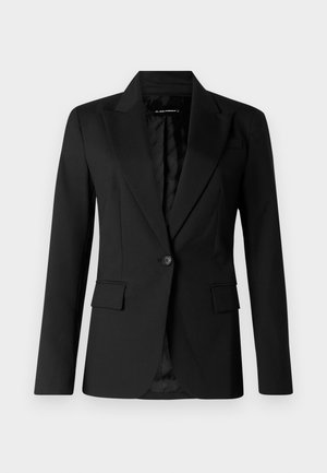 Blazer negru realizat dintr-o țesătură fină, cu închidere cu un singur nasture, două buzunare frontale și rever cu tăietură, având accente din satin.