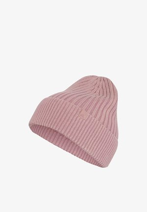 Light pink ribbed knit beanie with folded cuff and subtle square logo patch on the side.
