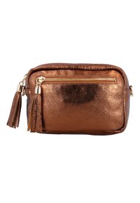 Kosmetická taška v bronzové metalické barvě s obdélníkovým tvarem, která má přední zipovou kapsu, třásně na zipu a hladký povrch.