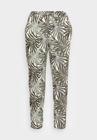 Kalhoty s elastickým pasem, s zelenobílým vzorem listů na světlém pozadí, úzký střih a lehká tkanina.