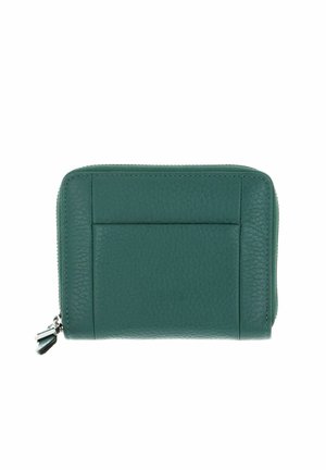 Portefeuille en cuir vert avec une surface texturée, fermeture éclair et emplacements pour cartes à l'avant. Design compact pour un transport facile.