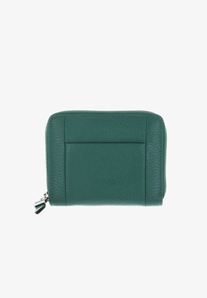 Portefeuille en cuir vert avec une surface texturée, fermeture éclair et emplacements pour cartes à l'avant. Design compact pour un transport facile.