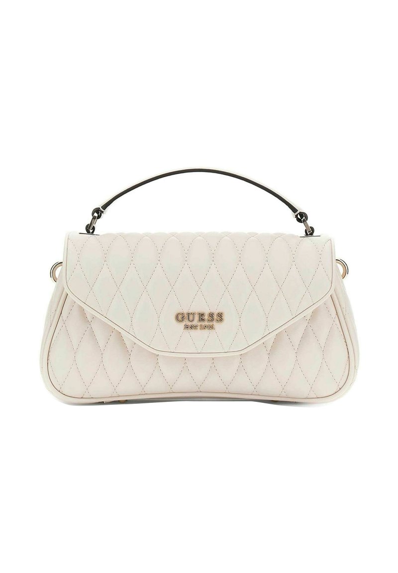 Borsa Guess in pelle bianca trapuntata con manico superiore e logo dorato sulla patta frontale, su sfondo bianco.