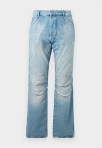 Lichtblauwe, hooggewaisted jeans met een rechte snit, voorzien van kniestukken en een vervaagde textuur. Metalen knoopsluiting bij de taille.
