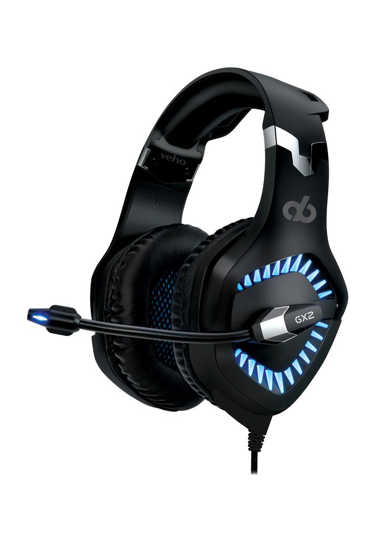 Schwarze Over-Ear Kopfhörer mit gepolstertem Design, blauen LED-Akzenten und einem einziehbaren Mikrofon. Die Ohrmuscheln haben ein strukturiertes Muster.