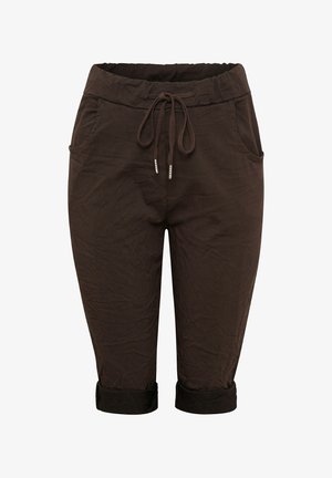 Mørkebrune korte bukser med snøre i taljen, opviklede manchetter og sidelommer, lavet af let stof.