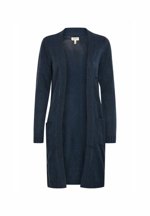 Long navy cardigan made of textured knit material. Features open front, long sleeves, and two front pockets. Simple design with ribbed edges.