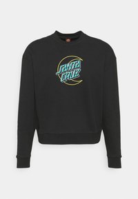Black sweatshirt with a crew neckline, featuring a colorful "SANTA CRUZ" logo in turquoise and yellow on the front. Soft fabric, relaxed fit.