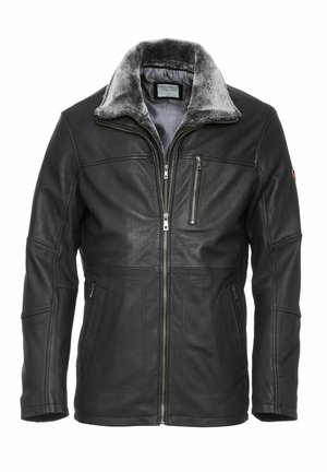 Chaqueta de cuero negro con un cuello de piel sintética gris, que presenta un cierre frontal de cremallera, dos bolsillos laterales y un bolsillo en el pecho con cremallera.