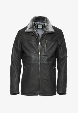 Schwarzlederjacke mit einem grauen Kunstfellkragen, ausgestattet mit einem Frontreißverschluss, zwei seitlichen Taschen und einer rei?verschlús?baren Brusttasche.