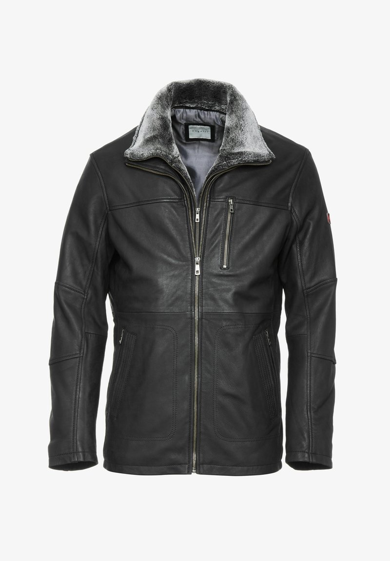 Zwarte leren jas met een grijze nepbont kraag, voorzien van een voering met rits, twee zijzakken en een borstzak met rits.