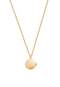 Gouden ketting met een ronde medaillonhanger. De hanger heeft een glad, glanzend oppervlak en is bevestigd aan een schakelkettinkje.