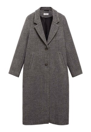 Long manteau femme à motif pied-de-poule noir et blanc, avec revers, deux boutons devant et deux poches latérales, présenté à plat sur fond blanc.